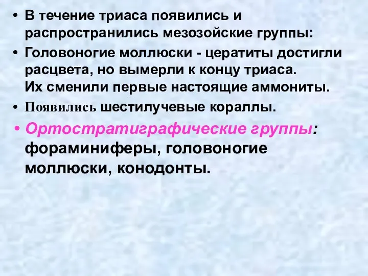 В течение триаса появились и распространились мезозойские группы: Головоногие моллюски -