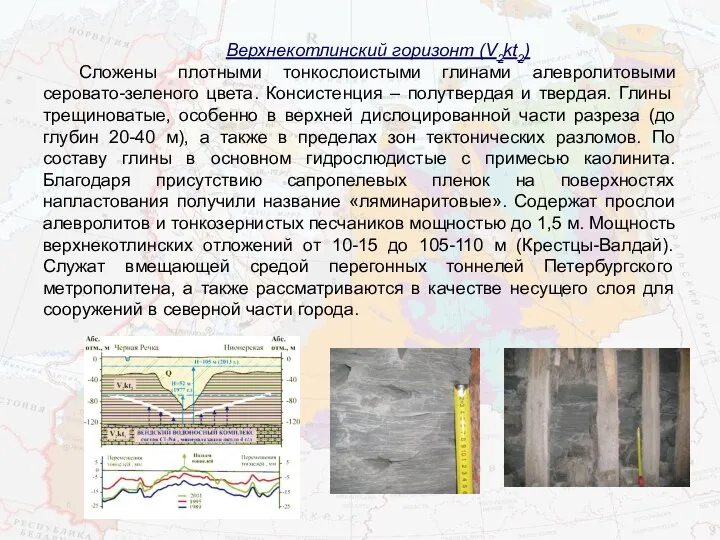 Верхнекотлинский горизонт (V2kt2) Сложены плотными тонкослоистыми глинами алевролитовыми серовато-зеленого цвета. Консистенция