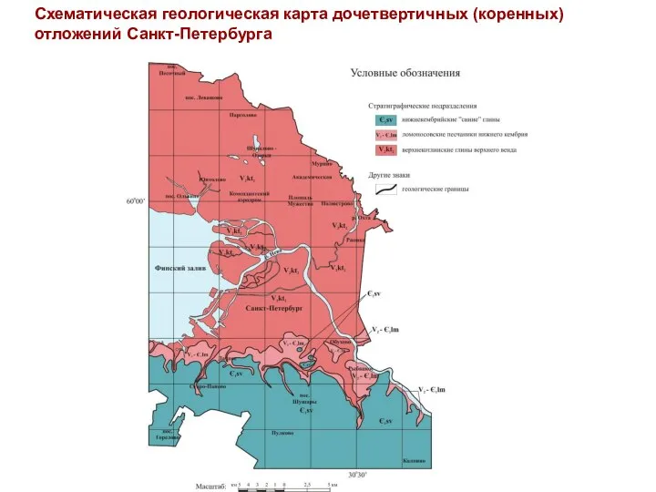 Схематическая геологическая карта дочетвертичных (коренных) отложений Санкт-Петербурга