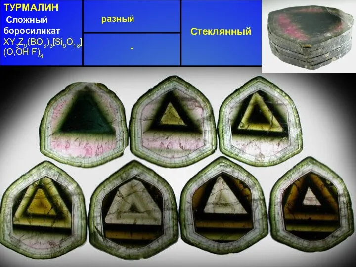 ТУРМАЛИН Сложный боросиликат XY3Z6(BO3)3[Si6O18] (O,OH F)4 разный Стеклянный 7-7,5 Средняя 2,6-2,9