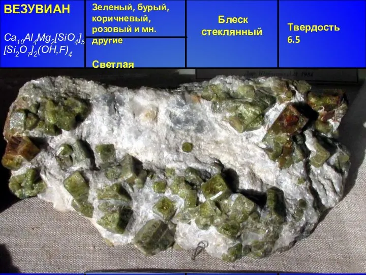 ВЕЗУВИАН Ca10Al4Mg2[SiO4]5[Si2O7]2(OH,F)4 Тетрагональная сингония Кристаллы - от столбчатых до уплощенных Блеск