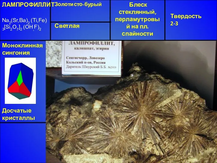 ЛАМПРОФИЛЛИТ Na2(Sr,Ba)2 (Ti,Fe) 3[Si2O7]2 (OH,F)2 Моноклинная сингония Досчатые кристаллы Твердость 2-3