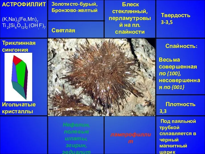 АСТРОФИЛЛИТ (K,Na)3(Fe,Mn)7 Ti 2[Si4O12]2 (OH,F)7 Триклинная сингония Игольчатые кристаллы Блеск стеклянный,
