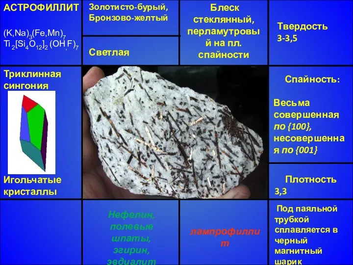 АСТРОФИЛЛИТ (K,Na)3(Fe,Mn)7 Ti 2[Si4O12]2 (OH,F)7 Триклинная сингония Игольчатые кристаллы Блеск стеклянный,