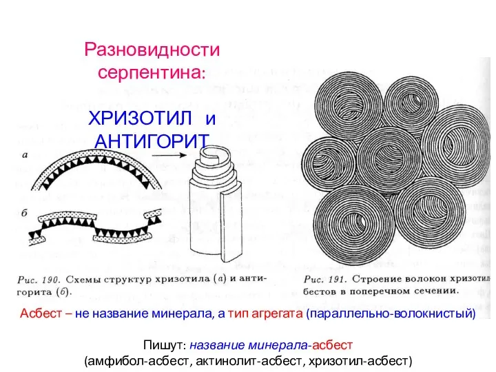 Разновидности серпентина: ХРИЗОТИЛ и АНТИГОРИТ Асбест – не название минерала, а