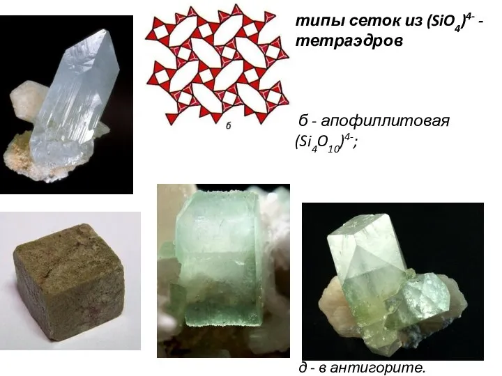 типы сеток из (SiO4)4- -тетраэдров a - каолинитовая (Si2O5)2-; б -