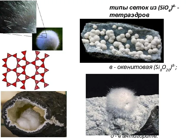 типы сеток из (SiO4)4- -тетраэдров a - каолинитовая (Si2O5)2-; б -