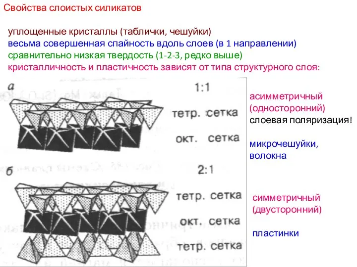 Свойства слоистых силикатов уплощенные кристаллы (таблички, чешуйки) весьма совершенная спайность вдоль