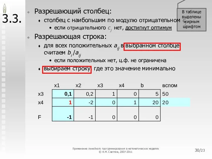 /23 В таблице выделены жирным шрифтом 3.3. Разрешающий столбец: столбец с