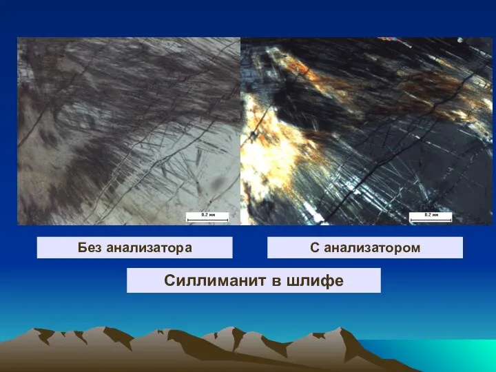 С анализатором Без анализатора Силлиманит в шлифе