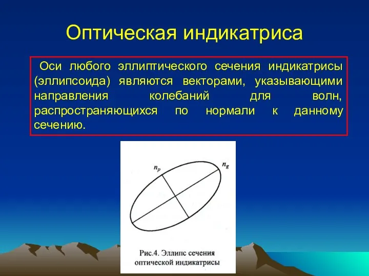 Оптическая индикатриса Оси любого эллиптического сечения индикатрисы (эллипсоида) являются векторами, указывающими