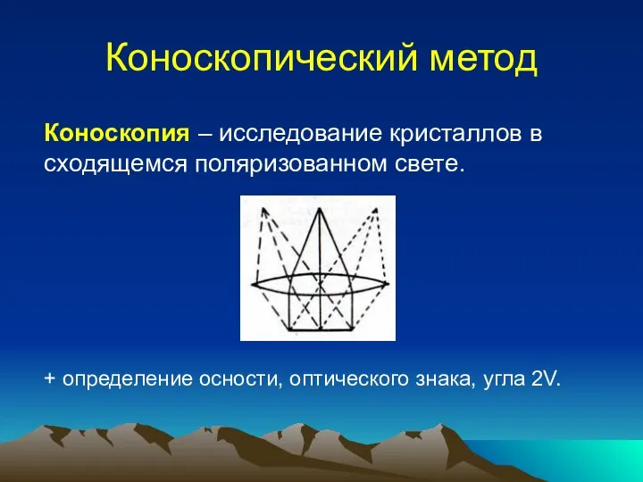 Коноскопический метод Коноскопия – исследование кристаллов в сходящемся поляризованном свете. +