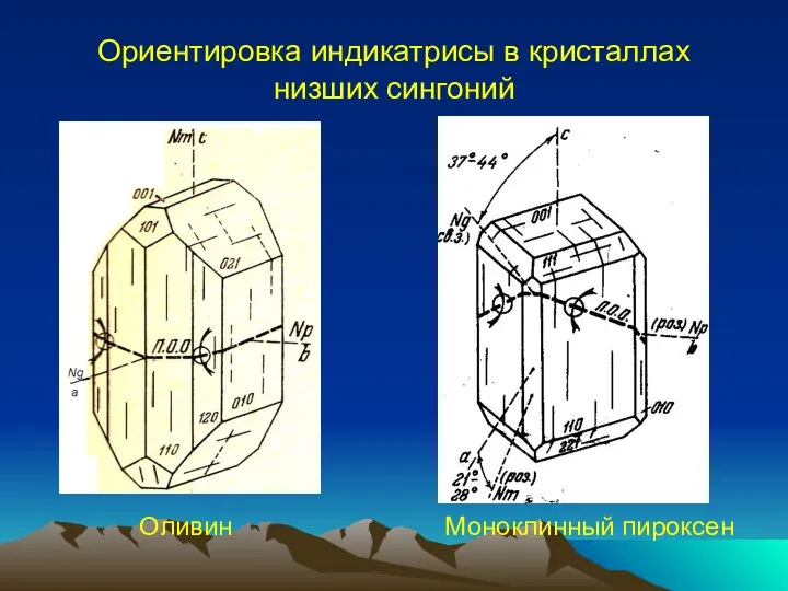 Ориентировка индикатрисы в кристаллах низших сингоний Оливин Моноклинный пироксен