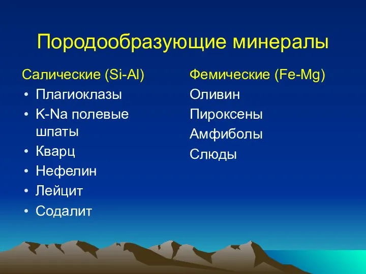 Породообразующие минералы Салические (Si-Al) Плагиоклазы K-Na полевые шпаты Кварц Нефелин Лейцит