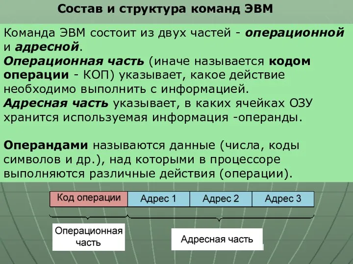 Состав и структура команд ЭВМ Команда ЭВМ состоит из двух частей