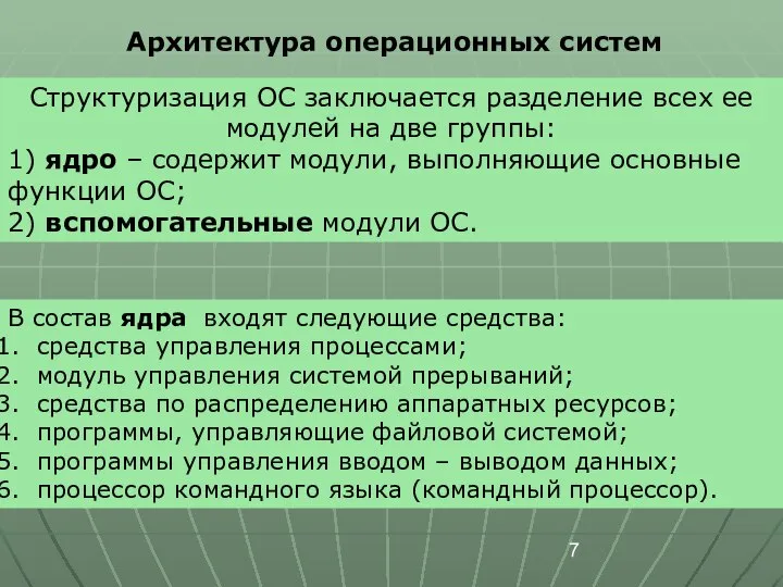 Архитектура операционных систем Структуризация ОС заключается разделение всех ее модулей на