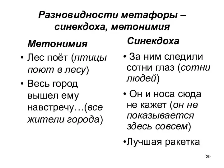 Разновидности метафоры – синекдоха, метонимия Метонимия Лес поёт (птицы поют в