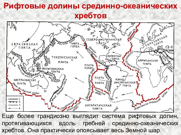 Рифтовые долины срединно-океанических хребтов Еще более грандиозно выглядит система рифтовых долин,