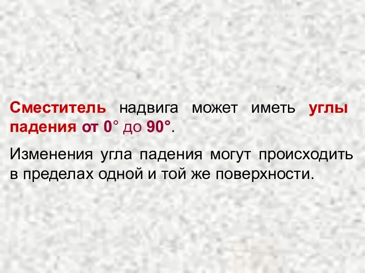 Сместитель надвига может иметь углы падения от 0° до 90°. Изменения