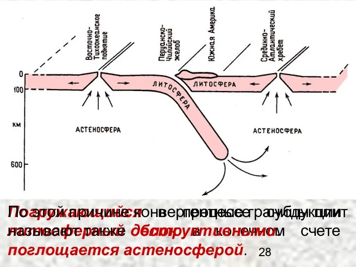 Погружающийся в процессе субдукции литосферный блок в конечном счете поглощается астеносферой.