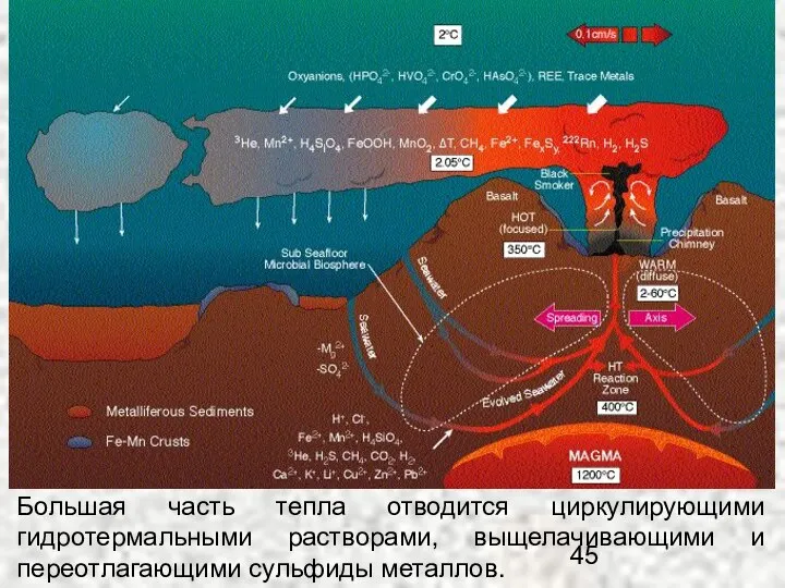 Большая часть тепла отводится циркулирующими гидротермальными растворами, выщелачивающими и переотлагающими сульфиды металлов.