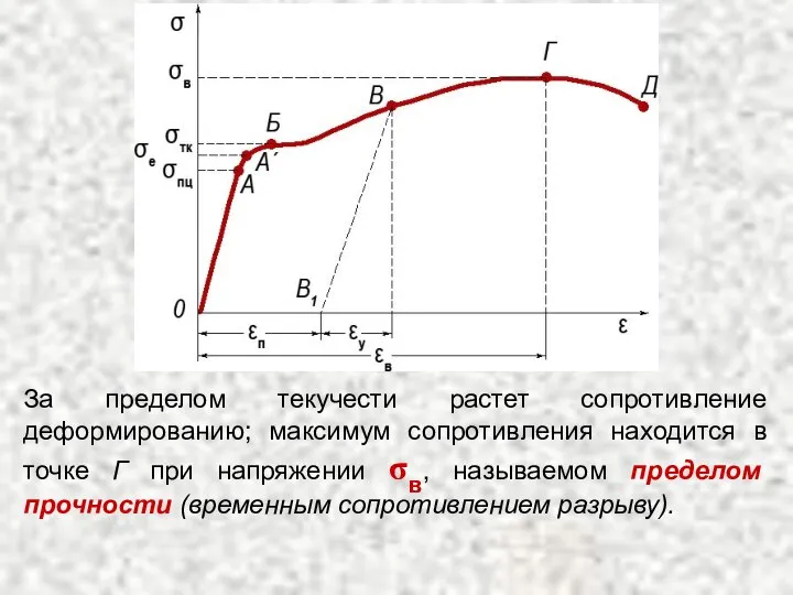За пределом текучести растет сопротивление деформированию; максимум сопротивления находится в точке