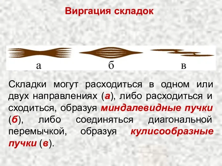 Виргация складок Складки могут расходиться в одном или двух направлениях (а),