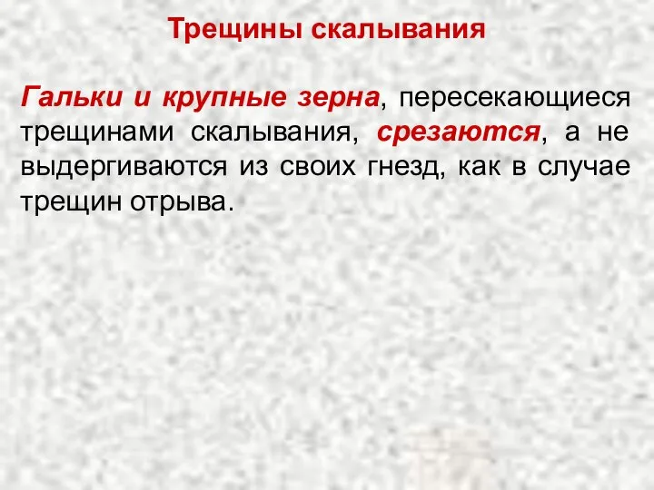 Трещины скалывания Гальки и крупные зерна, пересекающиеся трещинами скалывания, срезаются, а