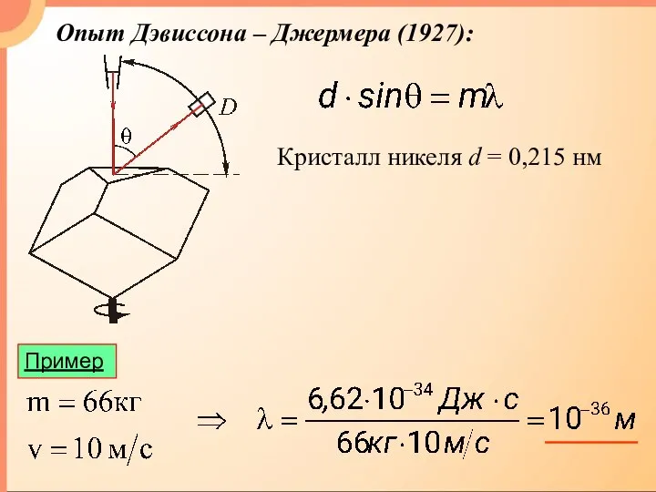 Опыт Дэвиссона – Джермера (1927): Кристалл никеля d = 0,215 нм Пример