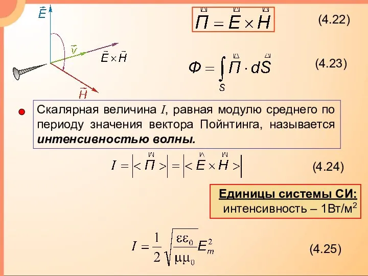 Единицы системы СИ: интенсивность – 1Вт/м2