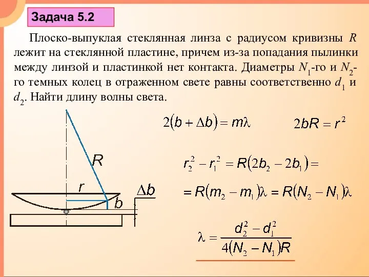 Задача 5.2 Плоско-выпуклая стеклянная линза с радиусом кривизны R лежит на