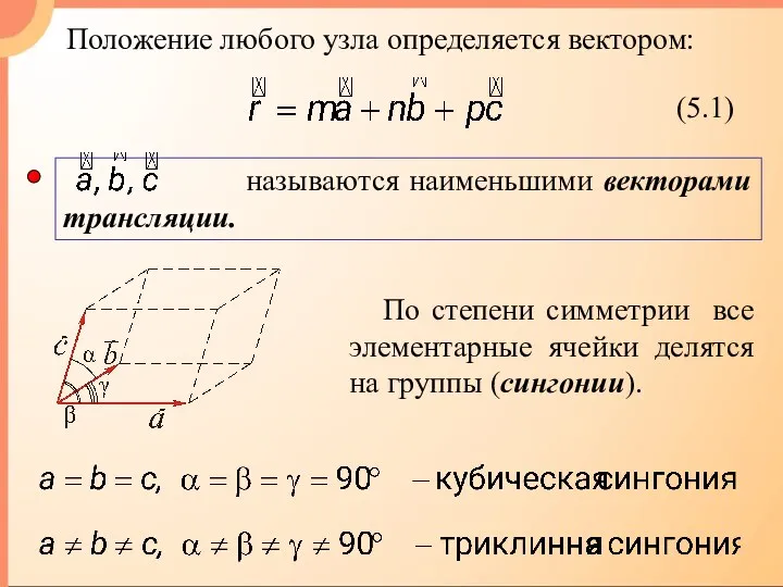 Положение любого узла определяется вектором: По степени симметрии все элементарные ячейки делятся на группы (сингонии).