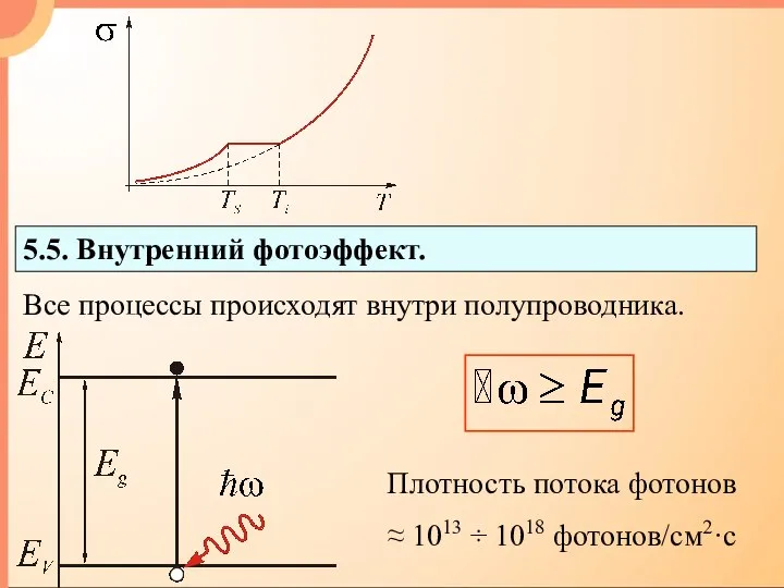 5.5. Внутренний фотоэффект. Все процессы происходят внутри полупроводника. Плотность потока фотонов ≈ 1013 ÷ 1018 фотонов/см2·с