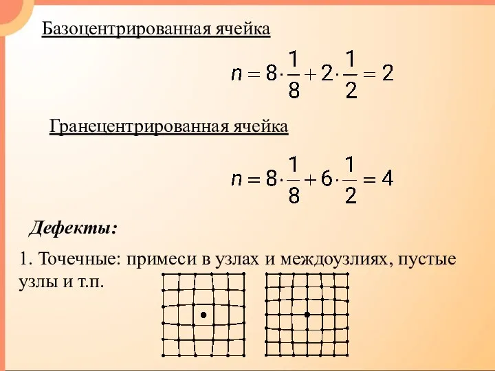 Гранецентрированная ячейка Базоцентрированная ячейка Дефекты: 1. Точечные: примеси в узлах и междоузлиях, пустые узлы и т.п.