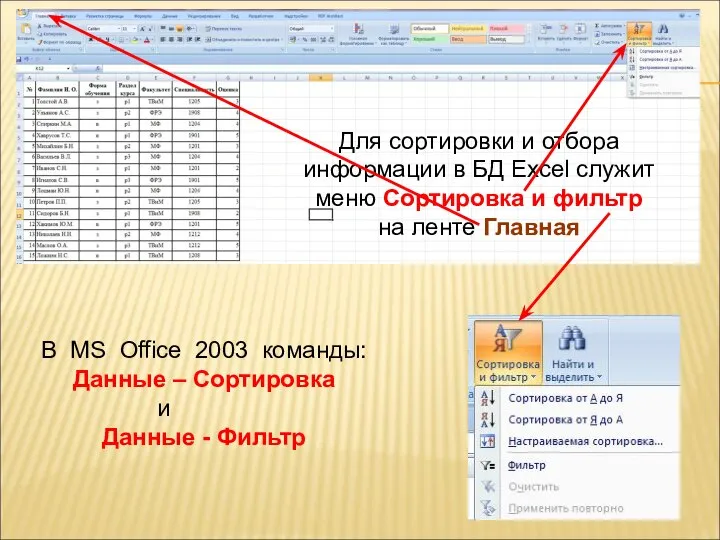 Для сортировки и отбора информации в БД Excel служит меню Сортировка