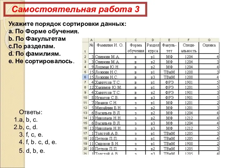 Укажите порядок сортировки данных: a. По Форме обучения. b. По Факультетам