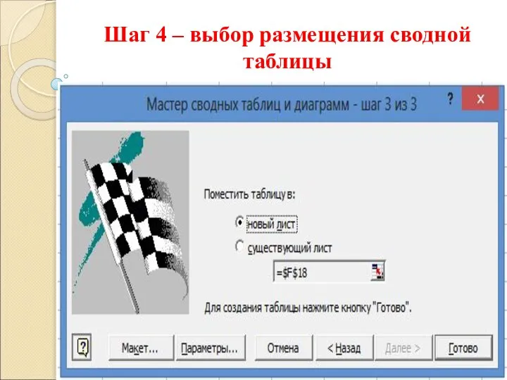 Шаг 4 – выбор размещения сводной таблицы