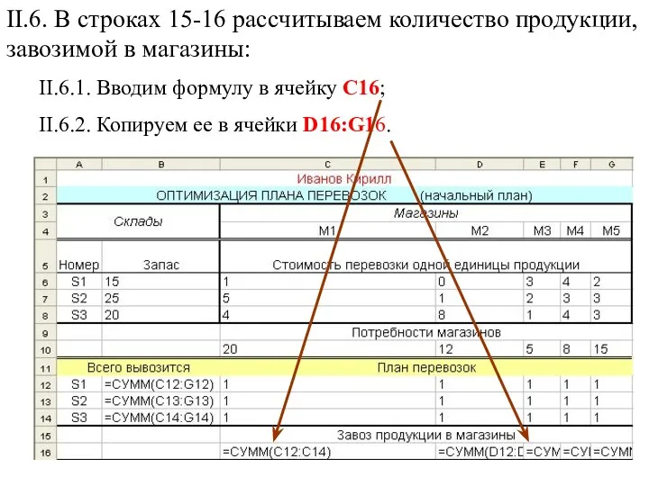 II.6. В строках 15-16 рассчитываем количество продукции, завозимой в магазины: II.6.1.