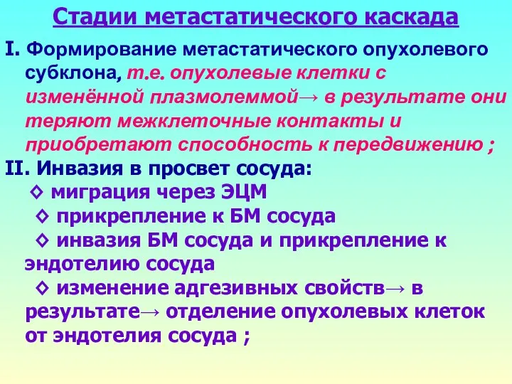 Стадии метастатического каскада I. Формирование метастатического опухолевого субклона, т.е. опухолевые клетки