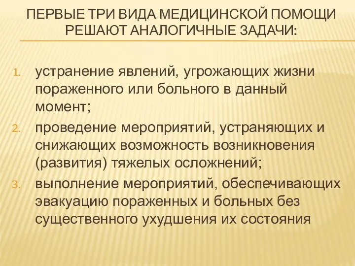 ПЕРВЫЕ ТРИ ВИДА МЕДИЦИНСКОЙ ПОМОЩИ РЕШАЮТ АНАЛОГИЧНЫЕ ЗАДАЧИ: устранение явлений, угрожающих