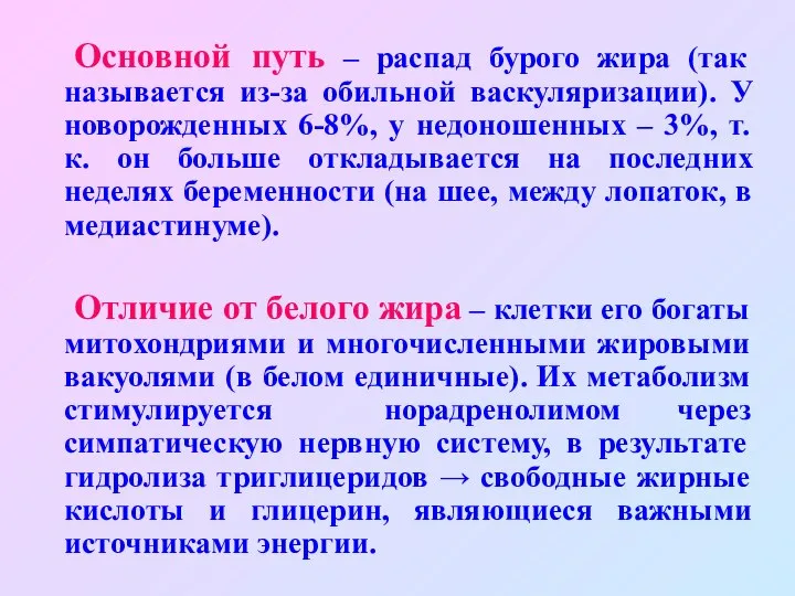 Основной путь – распад бурого жира (так называется из-за обильной васкуляризации).