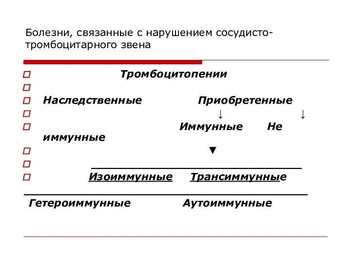 Болезни, связанные с нарушением сосудисто-тромбоцитарного звена Тромбоцитопении Наследственные Приобретенные ↓ ↓