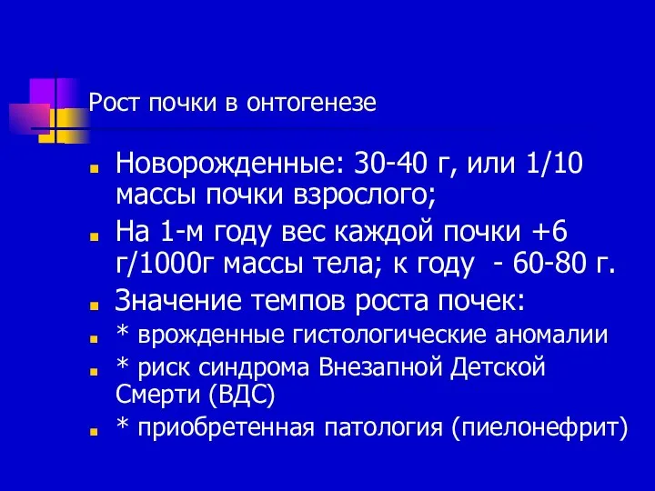 Рост почки в онтогенезе Новорожденные: 30-40 г, или 1/10 массы почки