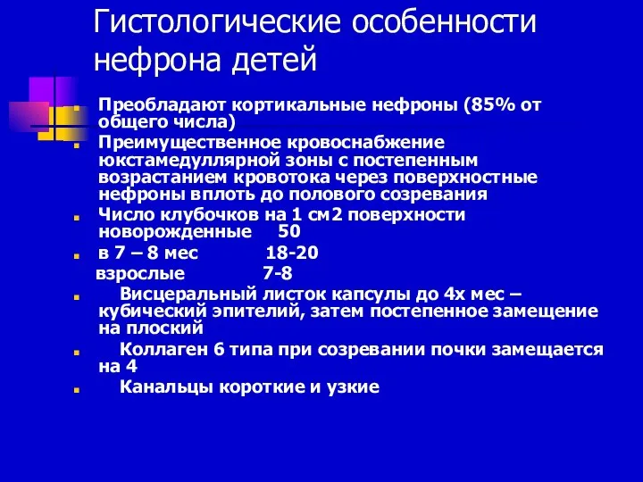 Гистологические особенности нефрона детей Преобладают кортикальные нефроны (85% от общего числа)