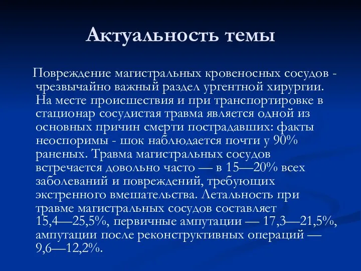 Актуальность темы Повреждение магистральных кровеносных сосудов - чрезвычайно важный раздел ургентной