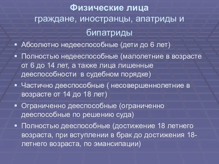 Физические лица граждане, иностранцы, апатриды и бипатриды Абсолютно недееспособные (дети до