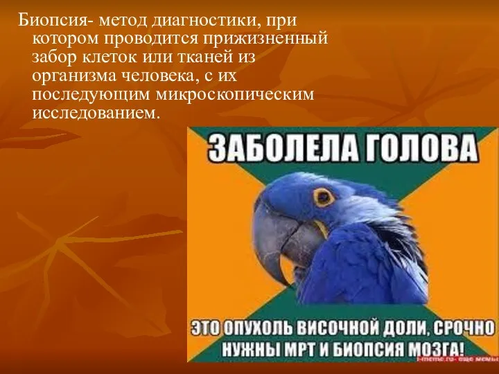 Биопсия- метод диагностики, при котором проводится прижизненный забор клеток или тканей