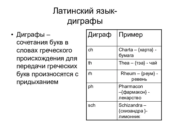 Латинский язык- диграфы Диграфы – сочетания букв в словах греческого происхождения