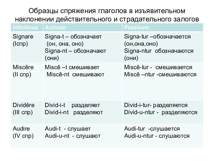 Образцы спряжения глаголов в изъявительном наклонении действительного и страдательного залогов