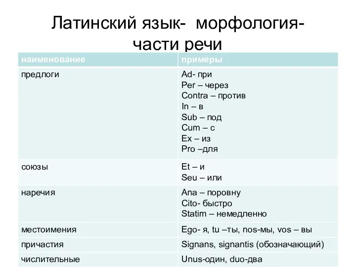 Латинский язык- морфология- части речи